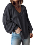 Solid Dark Grey Women's Casual V Neck Ribbed Knitted Shirts Pullover Tunic Tops Loose Balloon Sleeve Solid Color Blouses Top - BTFBM | Women's Tops and Blouses
