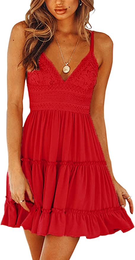 Red Womens V-Neck Spaghetti Strap Bowknot Backless Sleeveless Lace Mini Swing Skater Dress - Ecowish | Women's Casual Dresses