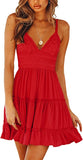 Red Womens V-Neck Spaghetti Strap Bowknot Backless Sleeveless Lace Mini Swing Skater Dress - Ecowish | Women's Casual Dresses