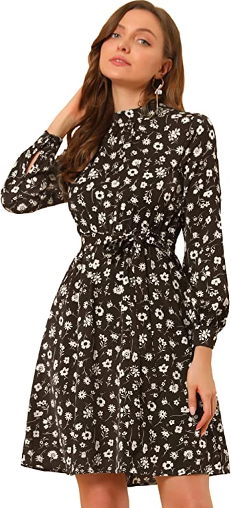 Brown White Mock Neck Long Sleeve Tie Waist Flare Floral Midi Dress - Allegra K | Women's Casual Dresses