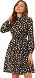 Brown White Mock Neck Long Sleeve Tie Waist Flare Floral Midi Dress - Allegra K | Women's Casual Dresses