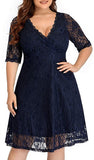Navy Blue Women Lace V Neck Plus Size Half Sleeve Knee Length Cocktail Wedding Guest Swing Dress - Pinup | Women's Cocktail Dresses