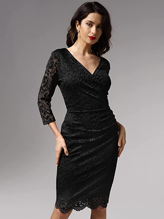 Black Women's Retro Deep-V Neck Ruffles Floral Lace Evening Pencil Dress - Miusol | Women's Cocktail Dresses