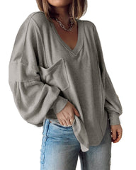 Solid Grey Women's Casual V Neck Ribbed Knitted Shirts Pullover Tunic Tops Loose Balloon Sleeve Solid Color Blouses Top - BTFBM | Women's Tops and Blouses