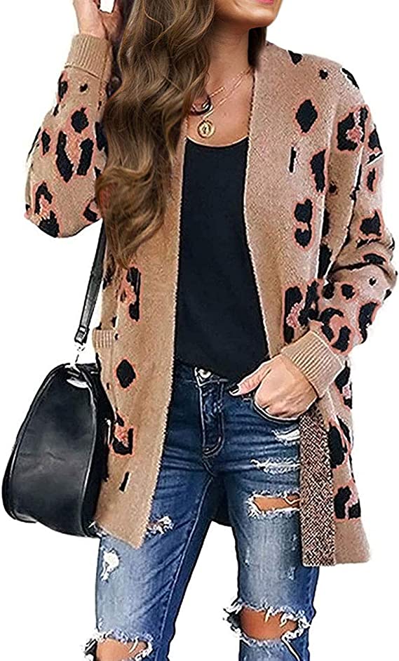 Khaki Women's Open Front Leopard Knit Cardigan Sweaters Pockets Long Sleeve Outwear - MEROKEETY | Women's Cardigan