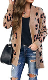 Khaki Women's Open Front Leopard Knit Cardigan Sweaters Pockets Long Sleeve Outwear - MEROKEETY | Women's Cardigan