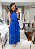Solid Blue Women's Casual Halter Neck Sleeveless Floral Long Maxi Dress Backless Loose Ruffle Sundress with Belt - PRETTYGARDEN | Women's Formal Dresses