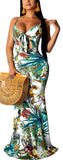 White Women's Summer Floral Spaghetti Strap Maxi Dresses Sexy V-Neck Beach Boho Tropical Long Sundress - HannahZone | Women's Casual Dresses