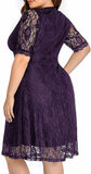 Purple Women Lace V Neck Plus Size Half Sleeve Knee Length Cocktail Wedding Guest Swing Dress - Pinup | Women's Cocktail Dresses