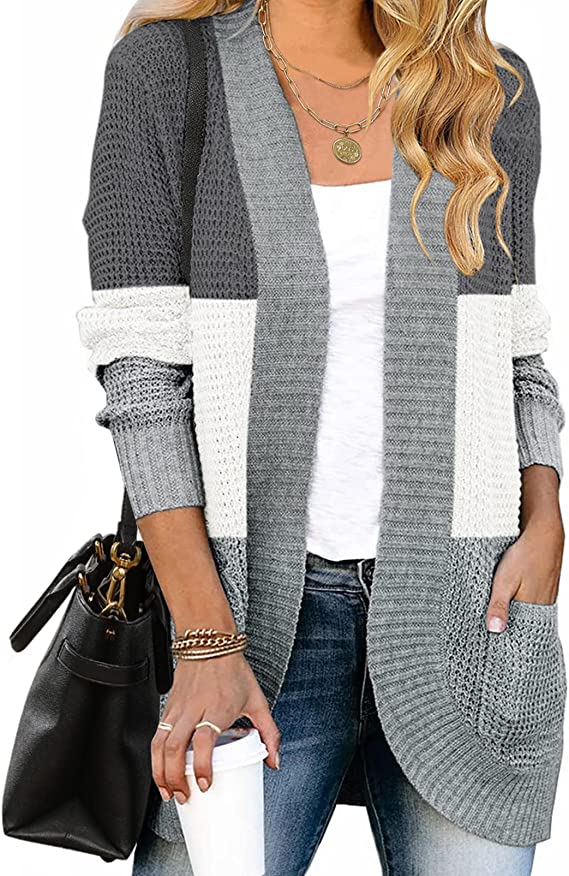 Contrast Grey Women's Long Sleeve Open Front Casual Lightweight Soft Knit Cardigan Sweater Outerwear - ZESICA | Women's Cardigan