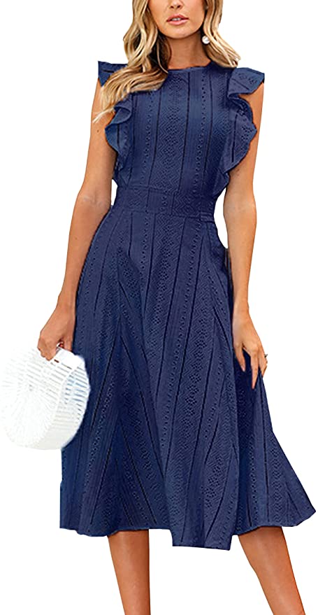 Navy Womens Dresses Elegant Ruffles Cap Sleeves Summer A-Line Midi Dress - ECOWISH | Women's Cocktail Dresses