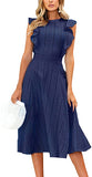 Navy Womens Dresses Elegant Ruffles Cap Sleeves Summer A-Line Midi Dress - ECOWISH | Women's Cocktail Dresses