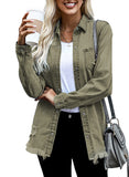 Khaki Women's Oversized Denim Jacket Casual Long Boyfriend Distresse Jean Jacket Autumn Spring - Dokotoo