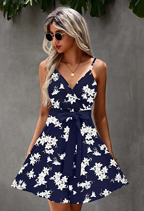 Navy Blue White Women's Sexy V Neck Printed Spaghetti Strap Beach Romper Shorts Jumpsuit - Angashion | Women's Cocktail Dresses