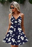 Navy Blue White Women's Sexy V Neck Printed Spaghetti Strap Beach Romper Shorts Jumpsuit - Angashion | Women's Cocktail Dresses