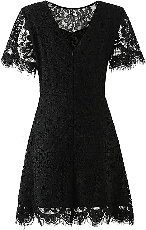 Burgundy Women's Elegant Round Neck V-Back Wedding Guest Floral Lace Cocktail Party A Line Dress - MSLG | Women's Cocktail Dresses