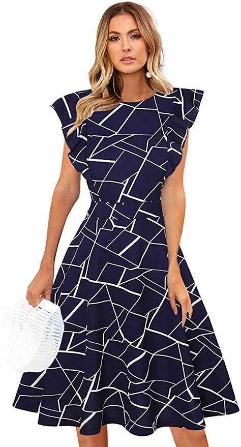 Blue 2 Womens Dresses Elegant Ruffles Cap Sleeves Summer A-Line Midi Dress - ECOWISH | Women's Cocktail Dresses