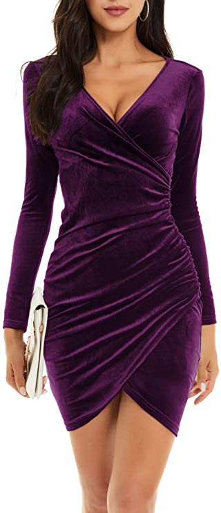 Purple Womens Wrap V Neck Long Sleeve Velvet Bodycon Ruched Cocktail Party Dress - Guberry | Women's Formal Dresses