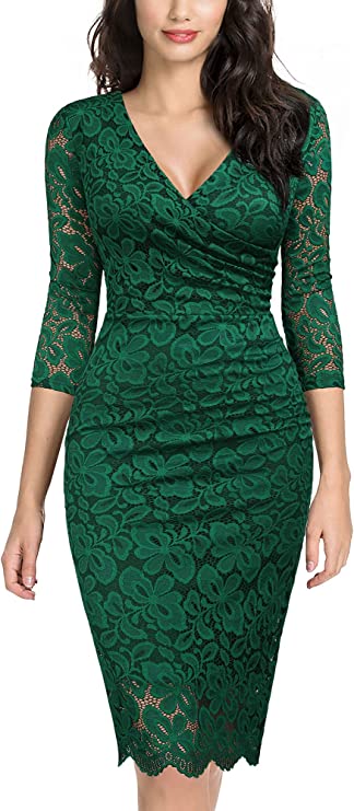 Dark Green Women's Retro Deep-V Neck Ruffles Floral Lace Evening Pencil Dress - Miusol | Women's Cocktail Dresses