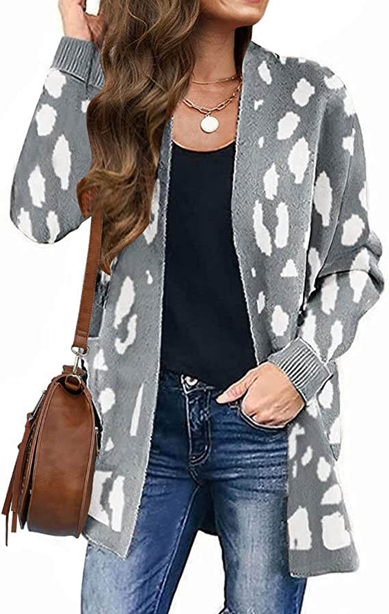 Silver Grey Women's Open Front Leopard Knit Cardigan Sweaters Pockets Long Sleeve Outwear - MEROKEETY | Women's Cardigan