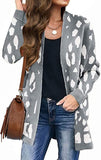 Silver Grey Women's Open Front Leopard Knit Cardigan Sweaters Pockets Long Sleeve Outwear - MEROKEETY | Women's Cardigan