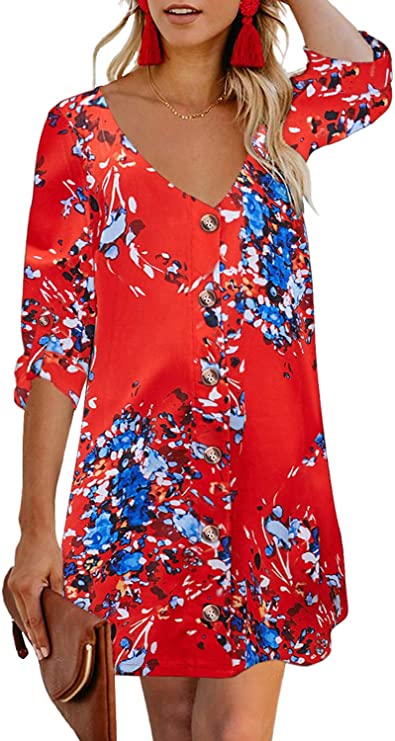 Orange Women Summer Spaghetti Strap Button Down V Neck Sleeveless Casual Mini Dress - AlvaQ | Women's Cocktail Dresses