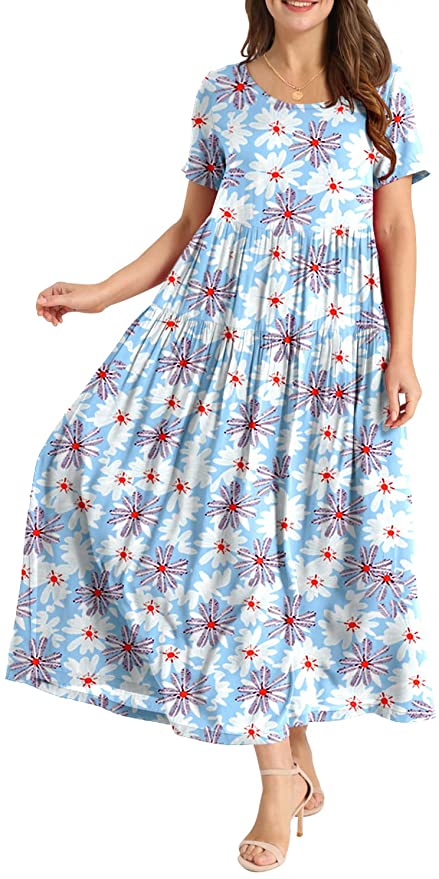 Light Blue White Women Casual Loose Bohemian Floral Dress with Pockets Original Brand