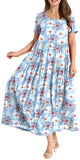 Light Blue White Women Casual Loose Bohemian Floral Dress with Pockets Short Sleeve Long Maxi Summer Beach Swing Dress - Yesno | Women's Casual Dresses