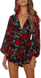 Red Floral Women's Jumpsuit Floral Print V Neck Baggy Sleeve Waist Tie Double Layer Ruffle Hem Short Mini Dress Romper - Relipop | Women's Casual Dresses