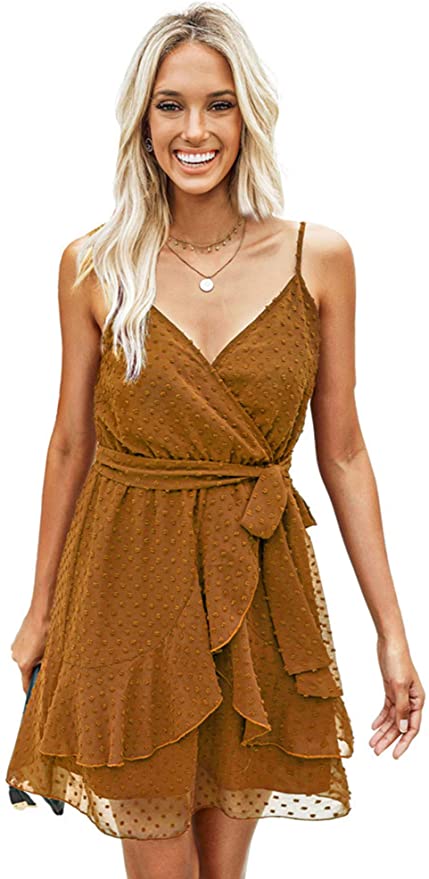 Light Brown Womens V-Neck Spaghetti Strap Bowknot Backless Sleeveless Lace Mini Swing Skater Dress - Ecowish | Women's Casual Dresses