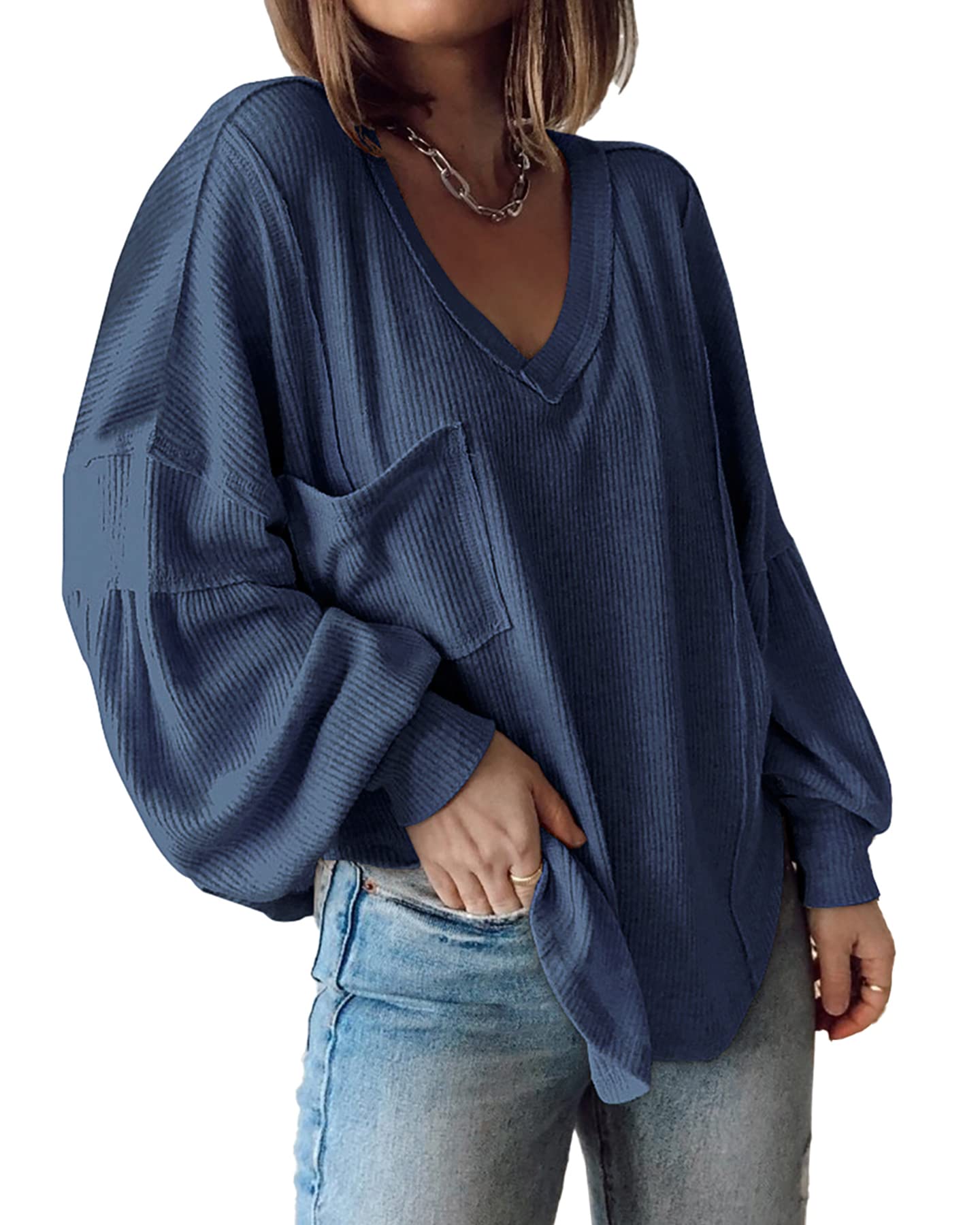 Solid Blue Women's Casual V Neck Ribbed Knitted Shirts Pullover Tunic Tops Loose Balloon Sleeve Solid Color Blouses Top - BTFBM | Women's Tops and Blouses