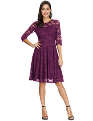 Purple Ladies Vintage Floral Cocktail Party Wedding Guest A Line Lace Dresses - JASAMBAC