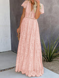 Turquoise Women's V Neck Short Sleeve Floral Lace Wedding Dress Bridesmaid Cocktail Party Maxi Dress - MEROKEETY | Women's Formal Dresses