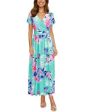 Floral Ladies Summer Casual V Neck Short Long Sleeve Floral Pattern Wrap Ladies Maxi Long Dress with Pockets - OUGES | Women's Evening Gowns