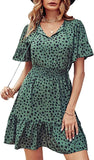 Dark Green Leopard Women's Summer Boho Short Dresses Floral Print Tie Neck Short Sleeve Elastic High Waist Ruffle Mini Skater Dress - Prettygarden | Women's Casual Dresses
