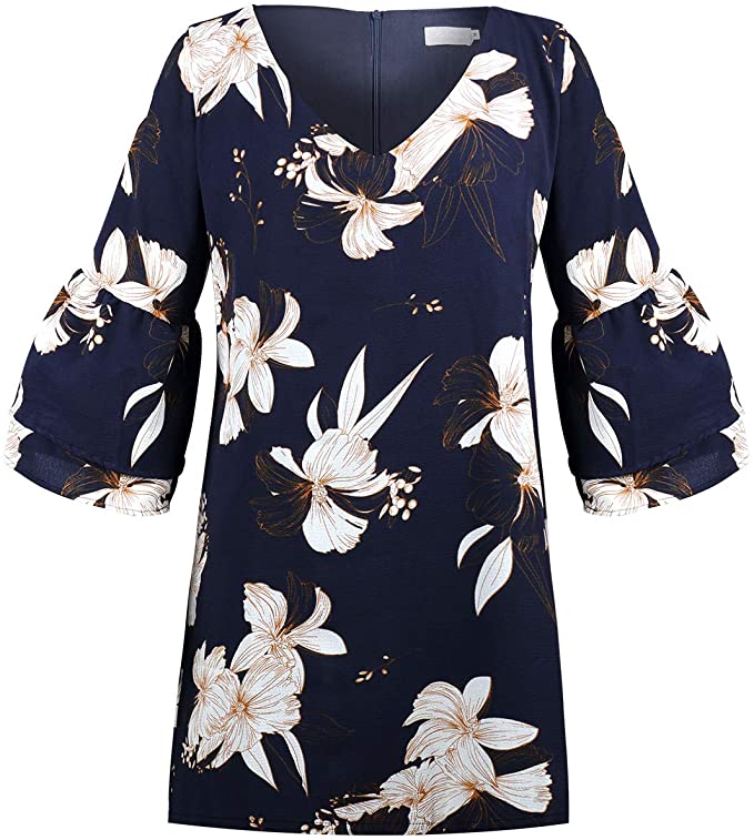 Blue Floral Women's Dress Sweet & Cute V-Neck Bell Sleeve Shift Dress Mini Dress - BELONGSCI | Women's Casual Dresses