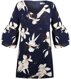 Blue Floral Women's Dress Sweet & Cute V-Neck Bell Sleeve Shift Dress Mini Dress - BELONGSCI | Women's Casual Dresses