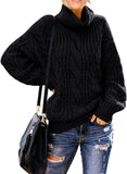 Black Women's Turtleneck Balloon Long Sleeve Casual Loose Chunky Cable Knit Pullover Sweater Outerwear - FARYSAYS | Women's Sweaters