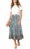 Floral Green Women's Bohemian Floral Printed Elastic Waist A Line Maxi Skirt with Pockets - ZESICA | Women's Casual Dresses