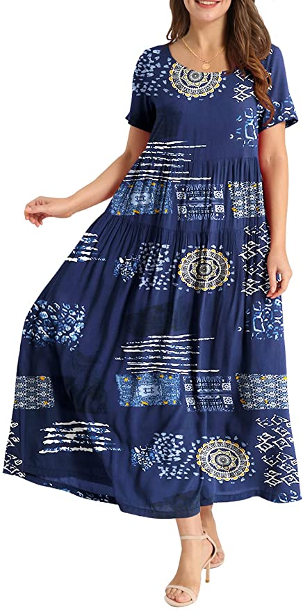 Blue White Women Casual Loose Bohemian Floral Dress with Pockets Short Sleeve Long Maxi Summer Beach Swing Dress - Yesno | Women's Casual Dresses
