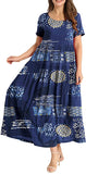Blue White Women Casual Loose Bohemian Floral Dress with Pockets Short Sleeve Long Maxi Summer Beach Swing Dress - Yesno | Women's Casual Dresses