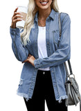 Light Blue Women's Oversized Denim Jacket Casual Long Boyfriend Distresse Jean Jacket Autumn Spring - Dokotoo | Women's Coat & Jacket