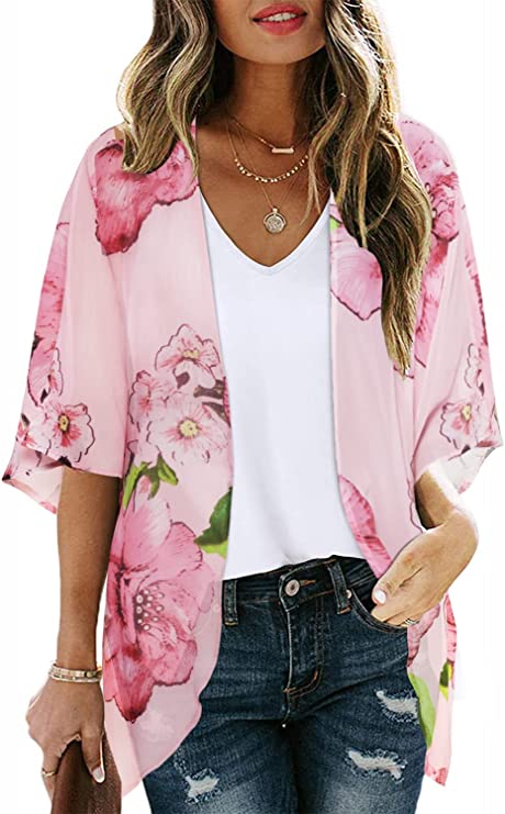 Pink Flower Women's Floral Print Puff Sleeve Kimono Cardigan Loose Cover Up Casual Blouse Tops - Chicgal | Women's Cardigan