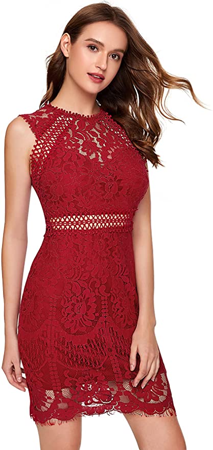 Red Women's Sleeveless Scalloped Hem Fitted Floral Lace Bodycon Dress - Verdusa | Women's Cocktail Dresses