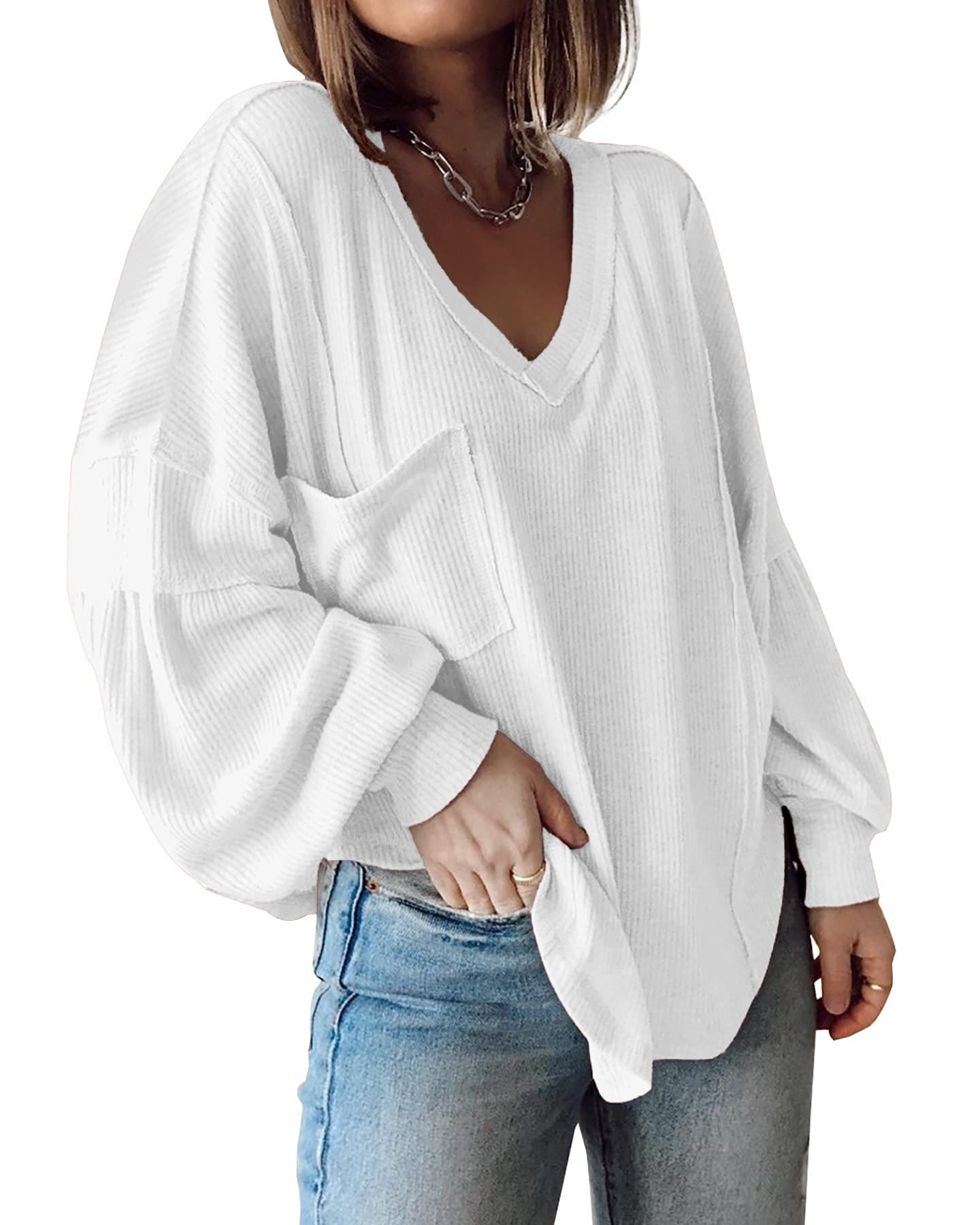 Solid White Women's Casual V Neck Ribbed Knitted Shirts Pullover Tunic Tops Loose Balloon Sleeve Solid Color Blouses Top - BTFBM | Women's Tops and Blouses