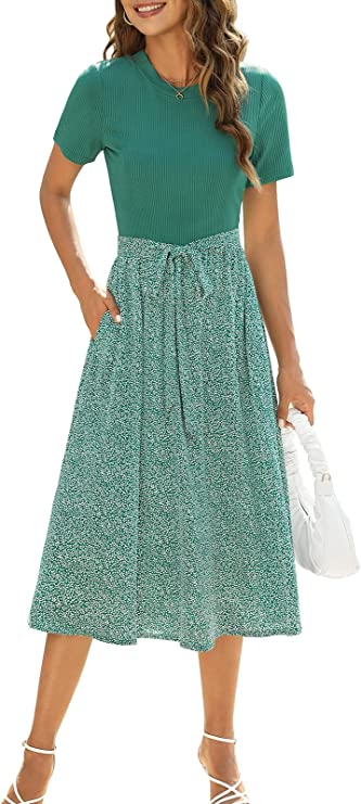 Green Women Short Sleeve Ribbed Midi Dress Modest Casual Work Dress with Pockets - Zattcas | Women's Casual Dresses