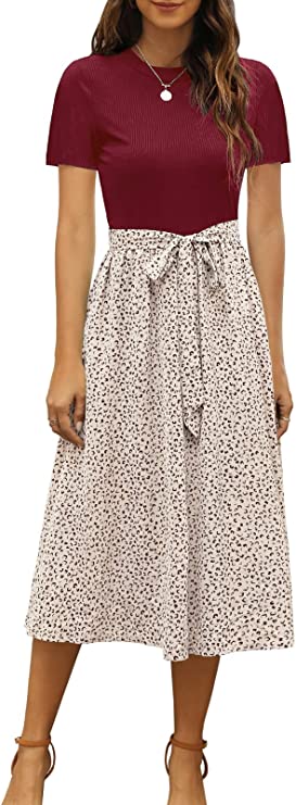 Red Women Short Sleeve Ribbed Midi Dress Modest Casual Work Dress with Pockets - Zattcas | Women's Casual Dresses