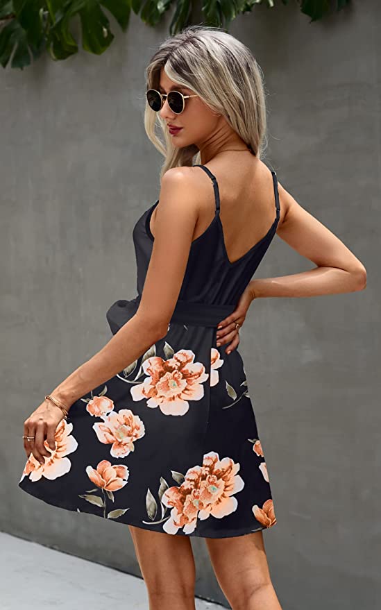 Navy Womens V-Neck Spaghetti Strap Bowknot Backless Sleeveless Lace Mini Swing Skater Dress - Ecowish | Women's Casual Dresses