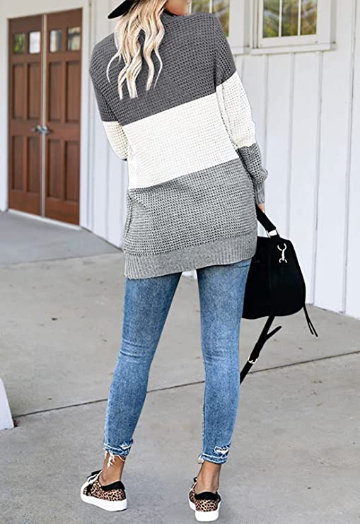 Contrast Khaki Women's Long Sleeve Open Front Casual Lightweight Soft Knit Cardigan Sweater Outerwear - ZESICA | Women's Cardigan