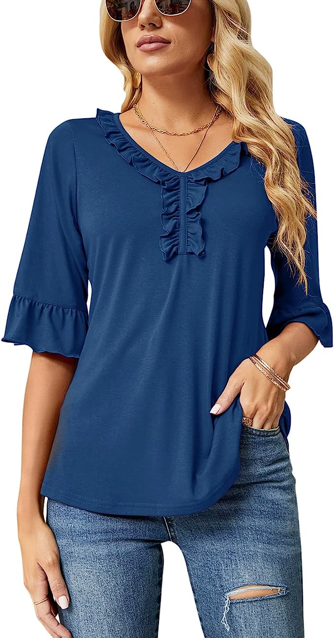Blue Half Sleeve Tops Casual V Neck T Shirts Loose Summer Tops Ruffle - Ivicoer | Women's Tops and Blouses
